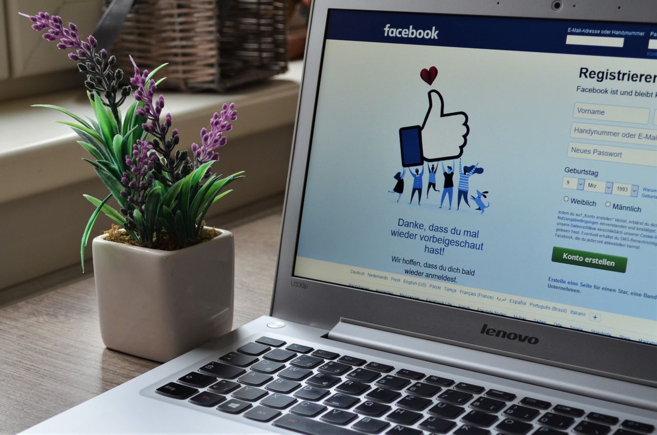 Un ordinateur portable Lenovo affichant la page de connexion Facebook à côté d’une plante de lavande en intérieur.
